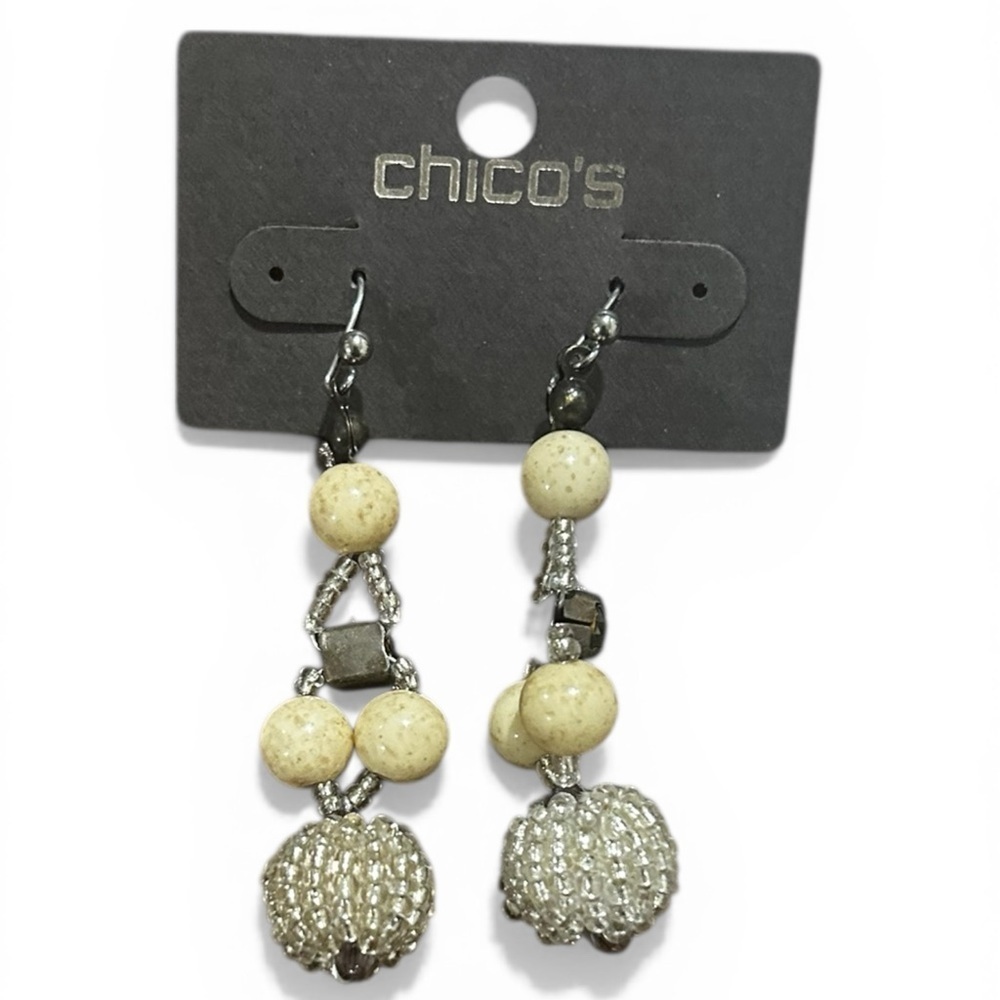 Chico’s Beaded Drop Earrings Neutral Stone Crystal Dangle Boho Silver Tone